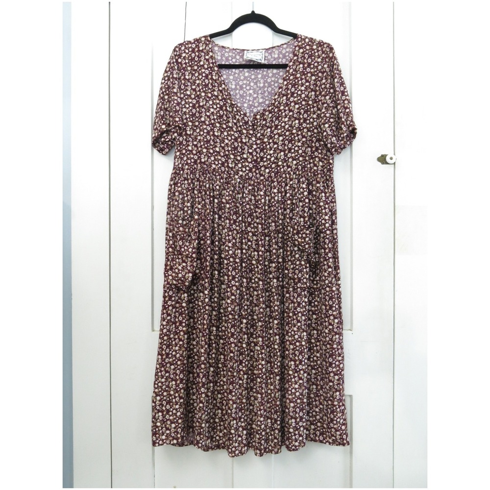 Vintage 90s Dressing Clio Burgundy Floral Rayon Dress Cottagecore Empire Waist